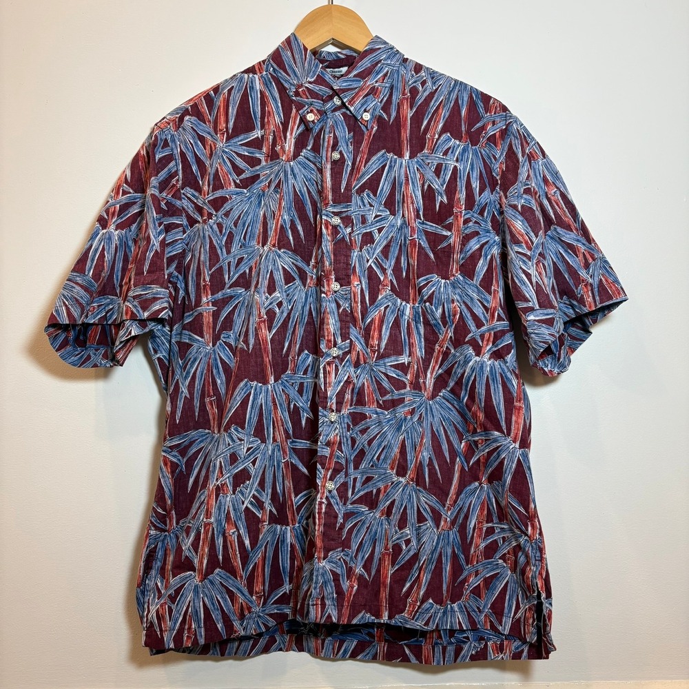 Reyn Spooner Classic Medium Bamboo Print Hawaiian Burgundy Blue Reverse Shirt